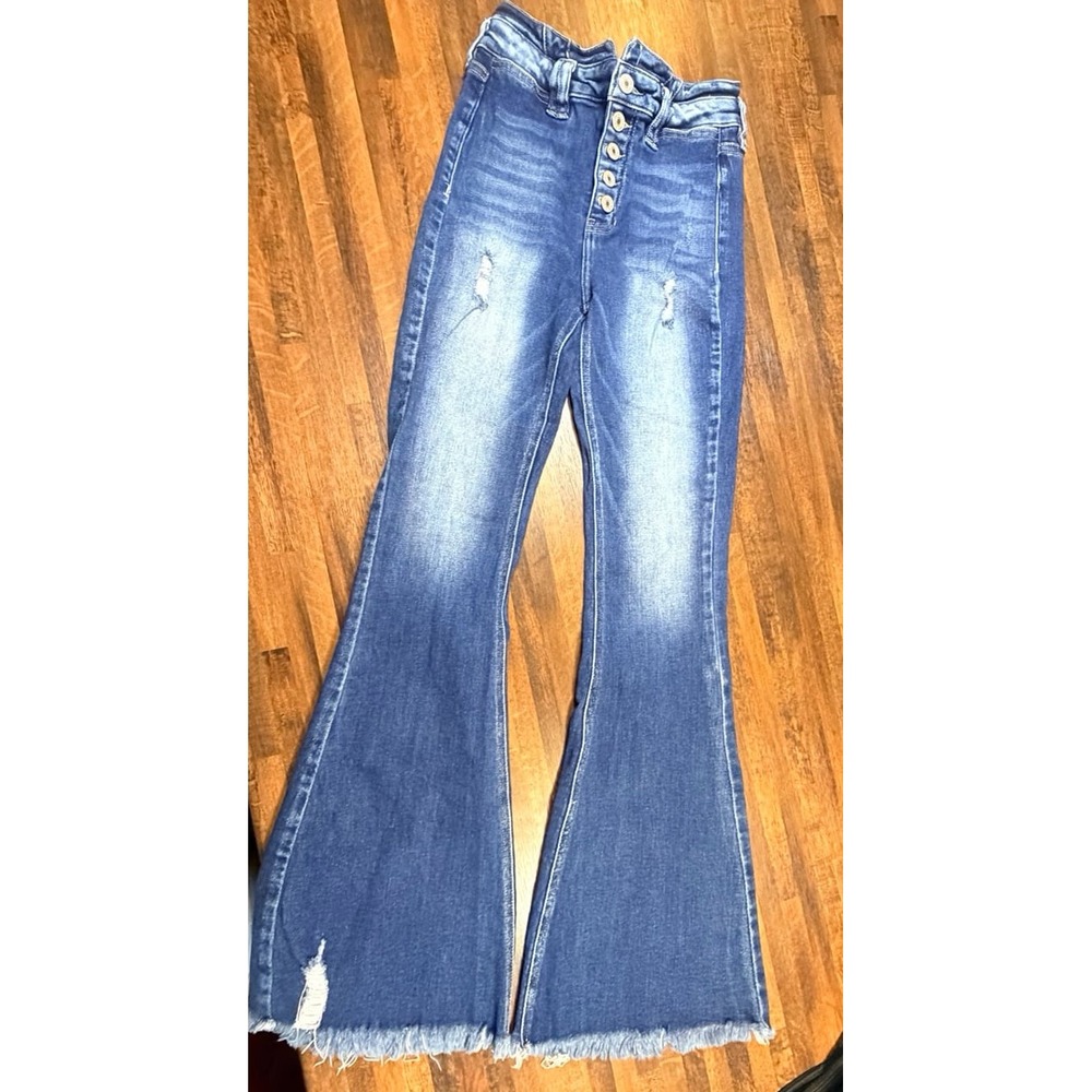 Women's Kancan Distressed Flare button fly jeans. Size 25/31. High waisted